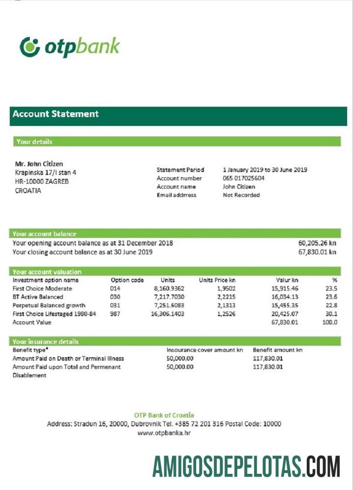 Croatia OTP modelo de extrato bancário